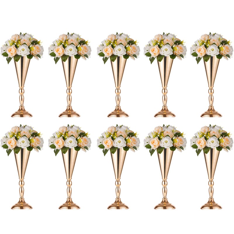 NUPTIO Tabletop Metal Wedding Flower Trumpet Vase Table Decorative Centerpiece Artificial Flower Arrangements for Anniversary Ceremony Party Birthday Event Aisle Home Decoration (10 x M, Gold) - Image 1